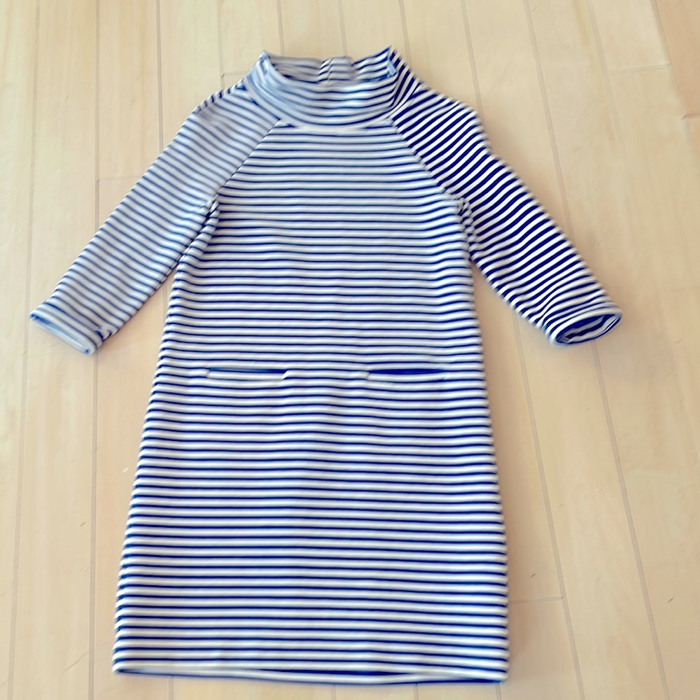 Boden (6) striped jersey dress with bateau neckline and 3/4 sleeves